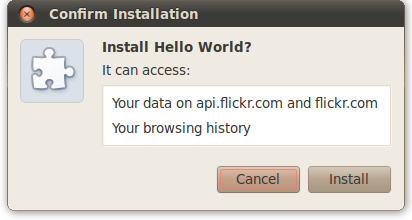 Permission warning: 'It can access: Your data on api.flickr.com and flickr.com; Your browsing history'