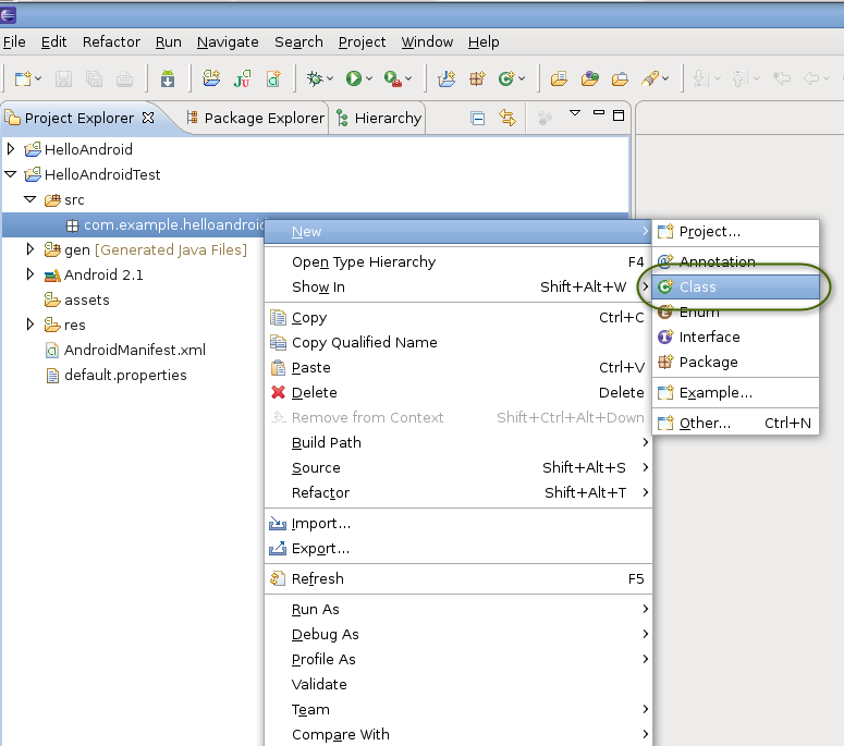 Menu for creating a new class in the test application