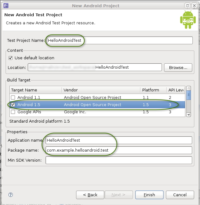 New Android Test Project dialog with entries