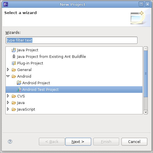 New Android Test Project menu
