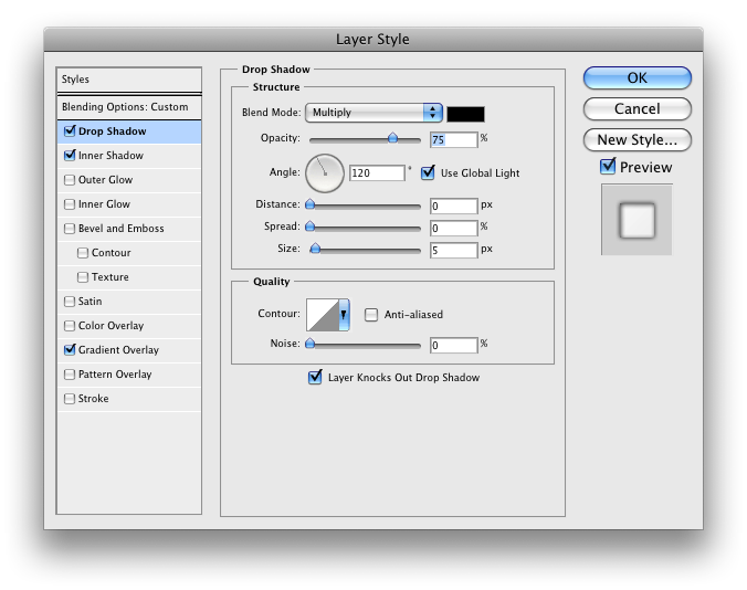 Layer Style
settings for standard shadows